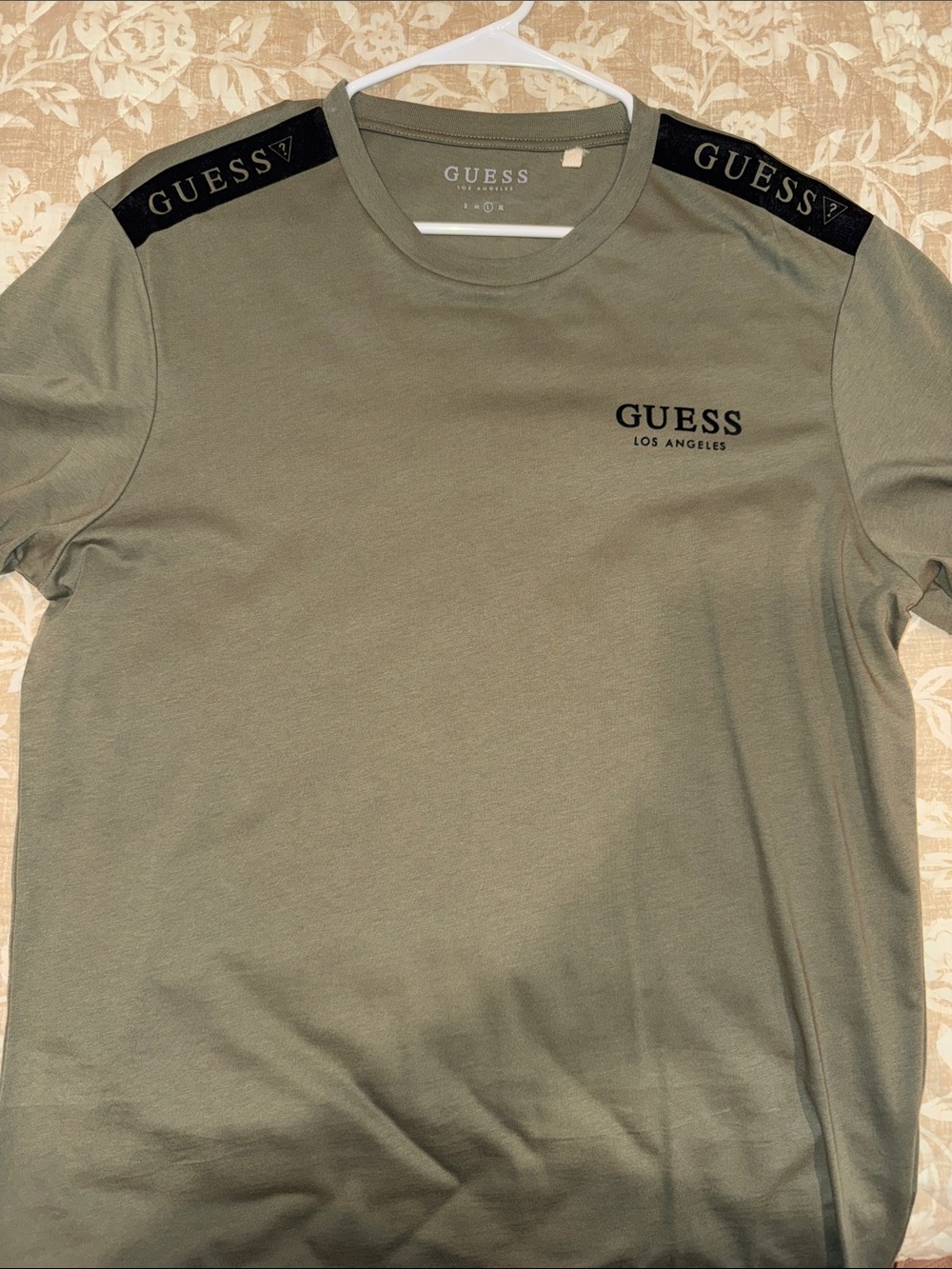 GUESS Men’s Olive Green Crewneck Tee with Black Shoulder Tape